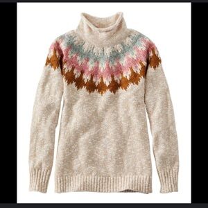 NWT L. L. Bean 100% Cotton Funnel Neck Fair Isle Sweater XS Petite Oatmeal